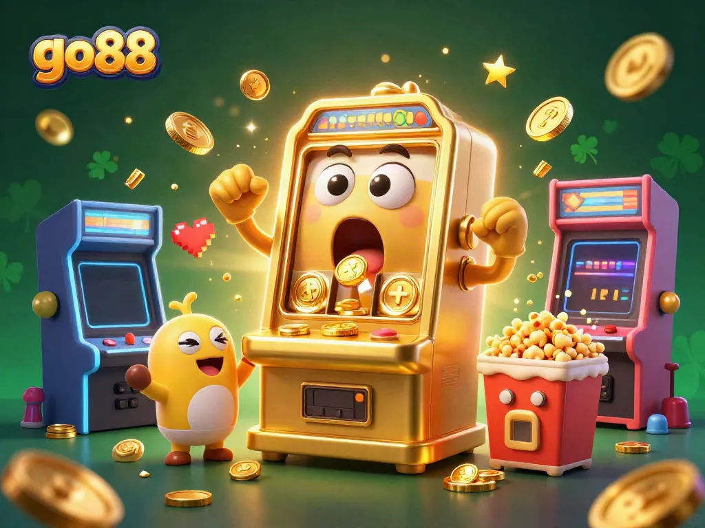 Experience the excitement at go88 as the golden slot machine celebrates a jackpot amidst a vibrant casino scene.