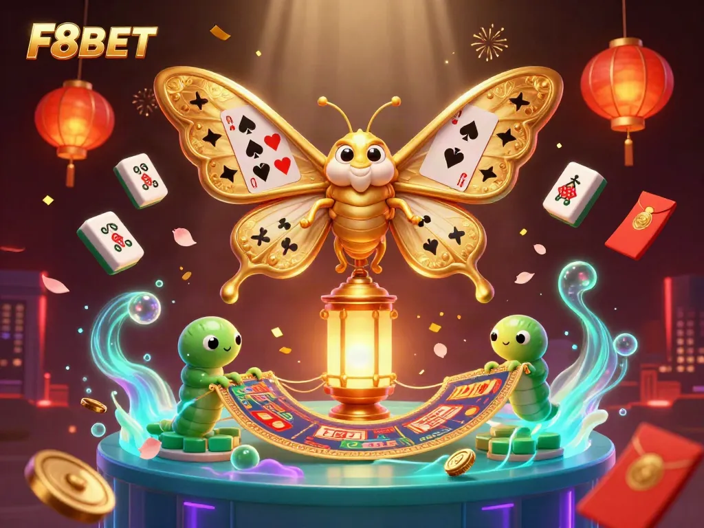 Experience the excitement of F8BET with vibrant illustrations of casino scenes enhanced by golden accents.