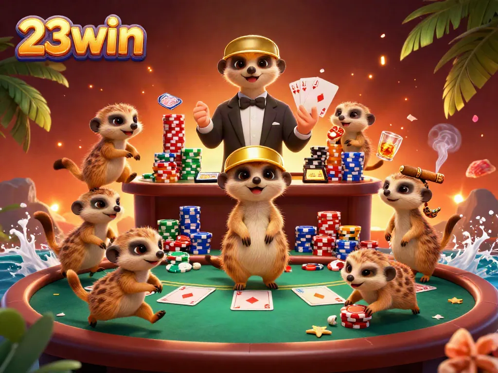 Experience the excitement of 23win with playful meerkats managing a vibrant casino scene full of action.