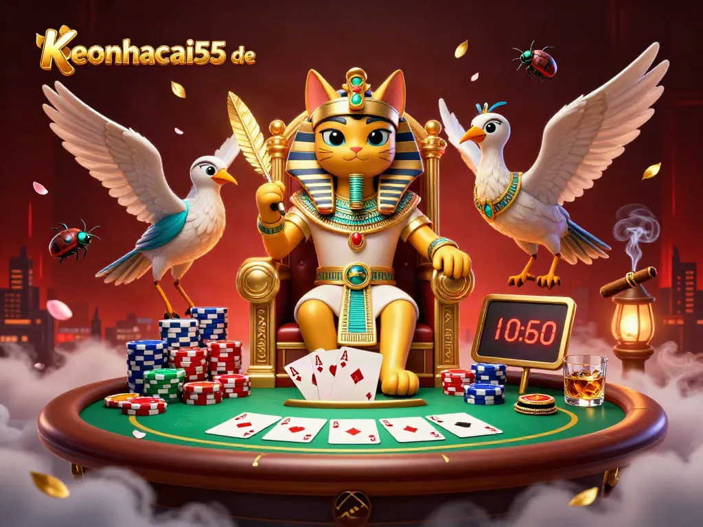 Engage with keonhacai55 de as a 3D Egyptian pharaoh cat oversees poker games in a vibrant casino