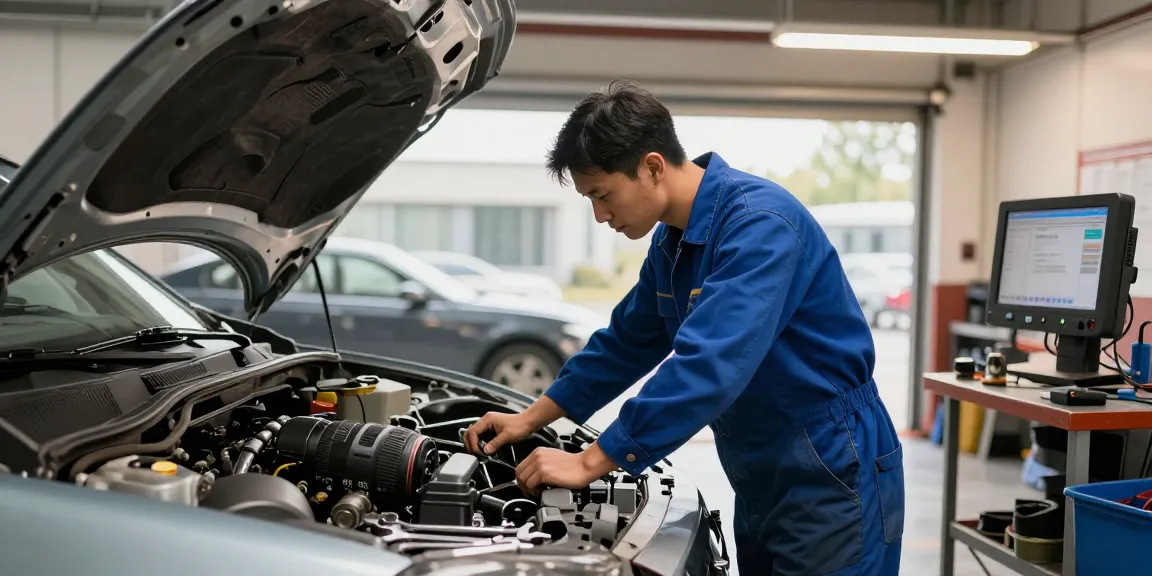 Auto consuma troppo during engine inspection by a professional mechanic in a bright garage.