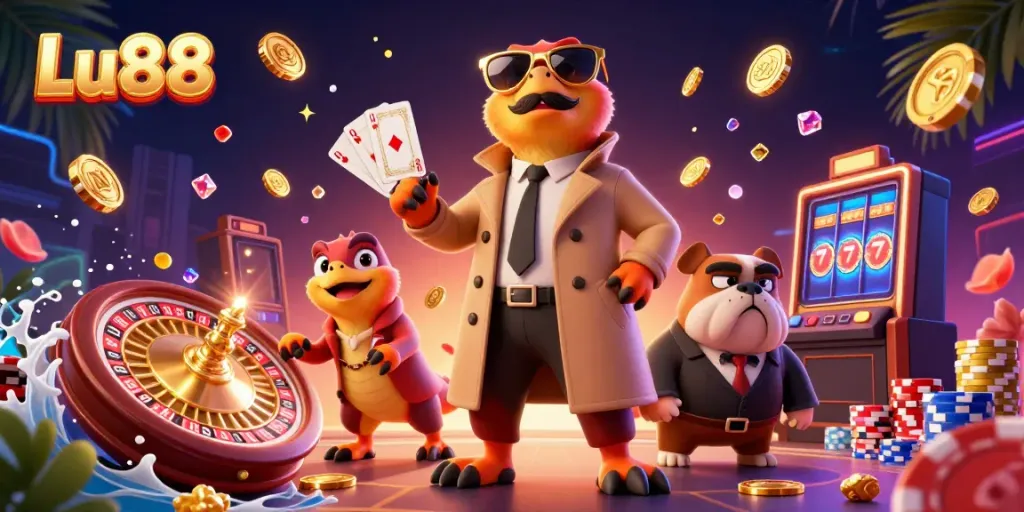 Lu88 raptors sneak into a VIP casino lounge amidst cascading coins and gems.