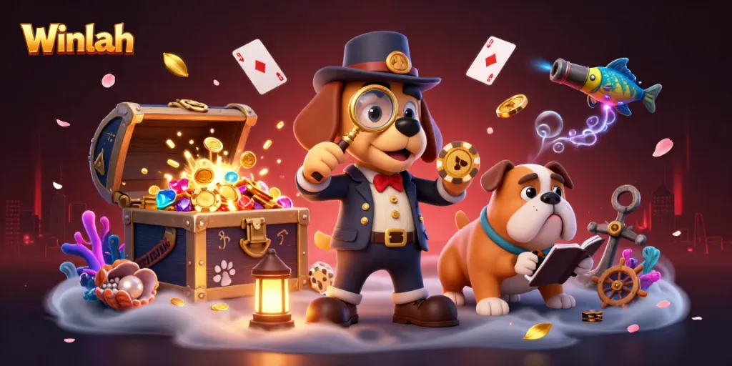 Winlah highlights a detective dog duo uncovering treasure clues and casino elements in a vibrant scene.