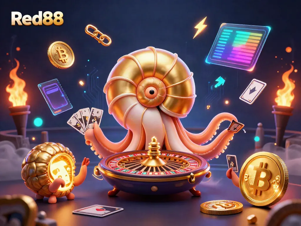 Engage in thrilling games at Red88 with a vibrant 3D illustration of casino excitement.