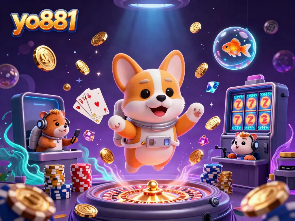 Experience winning thrills at yo881 with a floating casino packed with coins, poker chips, and joyful characters.