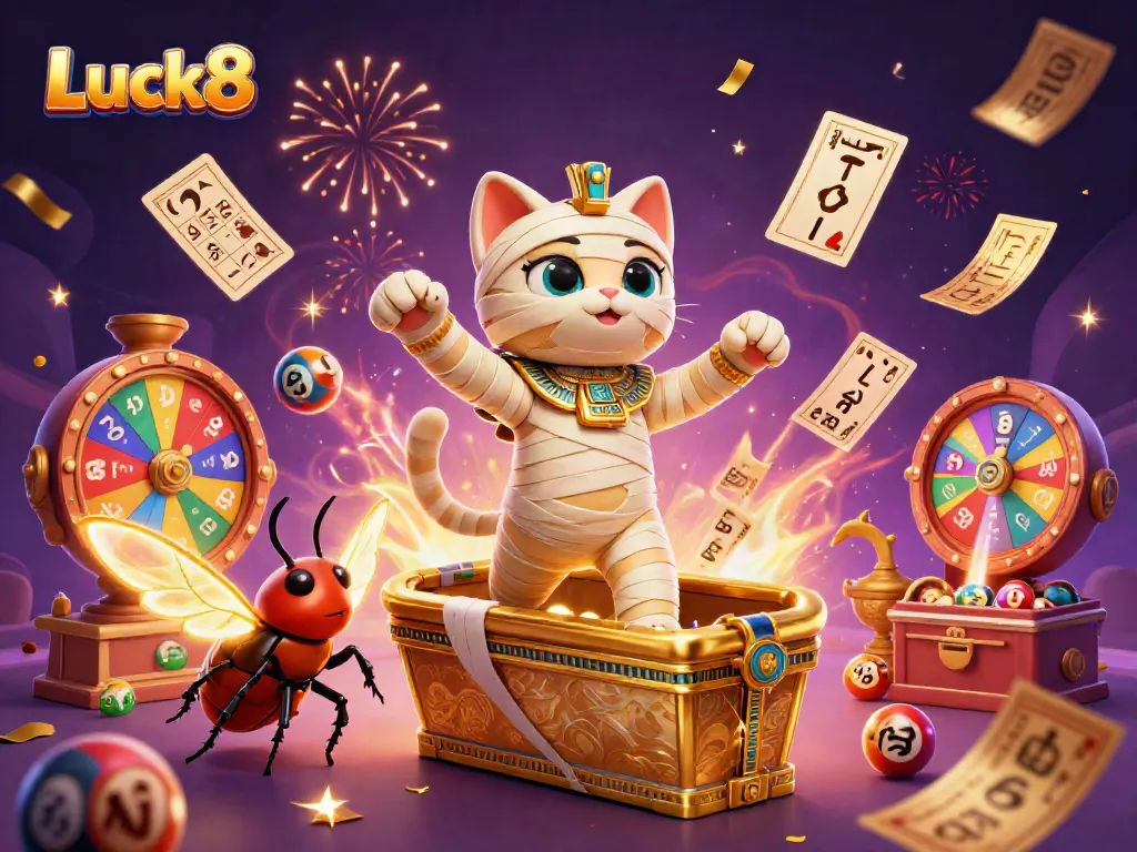 Experience thrilling wins with Luck8 in this vibrant casino scene featuring a majestic mummy cat.
