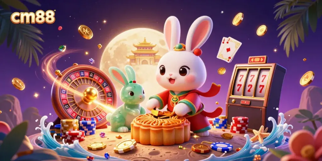 Celebrate luck with cm88 as a moon rabbit reveals poker chips from golden mooncakes in an enchanting casino scene.