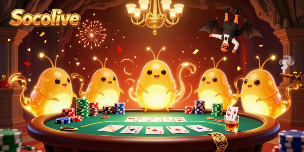 Experience thrilling poker action with Socolive, featuring a bat dealer under glowing glowworms in a vibrant casino setting.