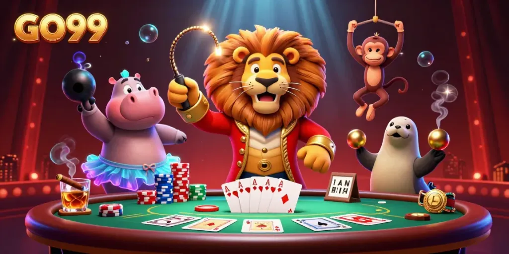 Play with GO99 in a vibrant, dynamic casino scene featuring unique cartoon characters and poker elements.