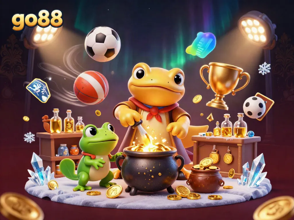 Experience the excitement of go88 with a vibrant 3D illustration featuring golden alchemy and sports elements.