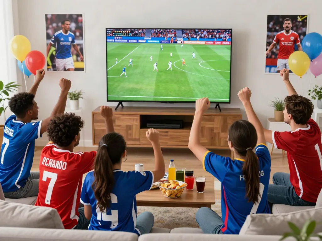 Fans enjoying a thrilling soccer match on Gavangtv with snacks and drinks in a lively home setting.