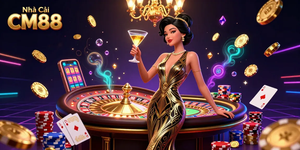 Experience the thrills at Nhà Cái CM88 with a glamorous casino scene filled with golden coins and a spinning roulette wheel.