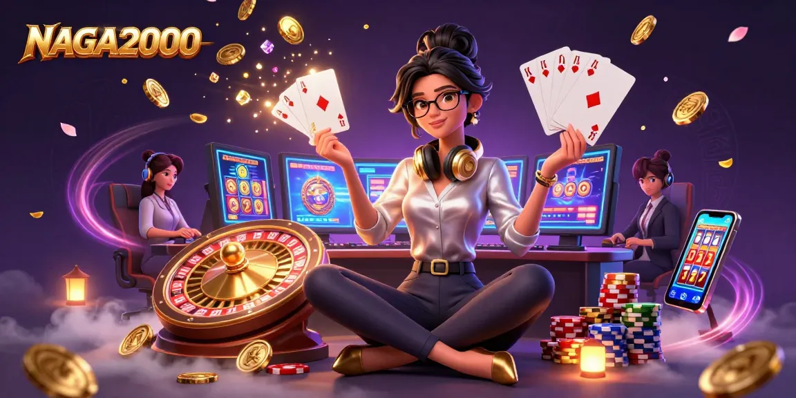 NAGA2000 menampilkan seorang gamer profesional di pengaturan mesin slot berteknologi tinggi dengan elemen kasino yang berkilauan.