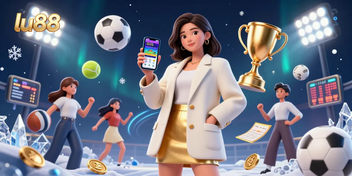 Engage with lu88's exciting sports betting app, featuring dynamic sports balls and a golden trophy.