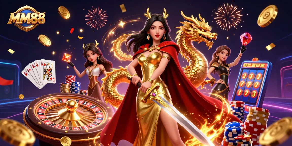 Experience winning moments at MM88 with this vibrant 3D illustration showcasing dynamic casino elements.