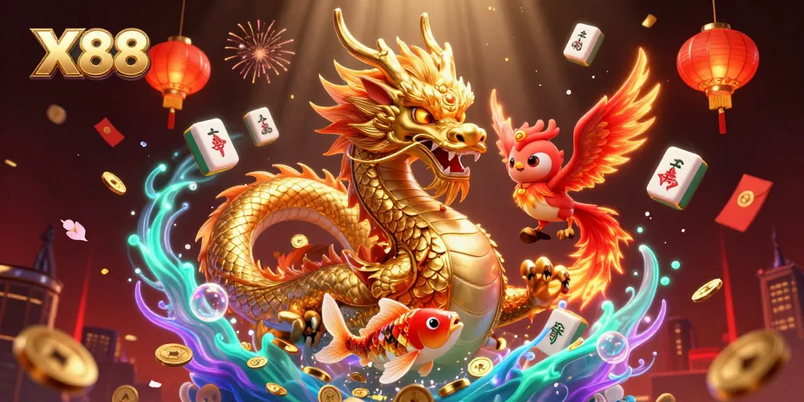 X88 players enjoy thrilling jackpots while dragons soar above and koi fish leap through gold coins.