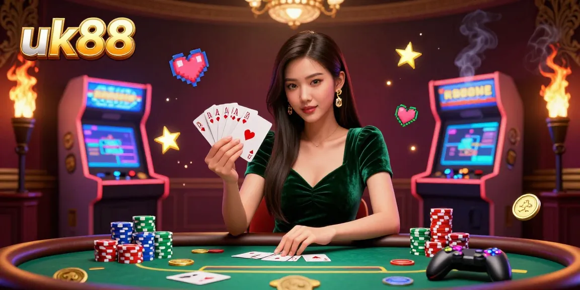 Experience the thrilling atmosphere of uk88 with a strategic poker game setup featuring vibrant casino elements.