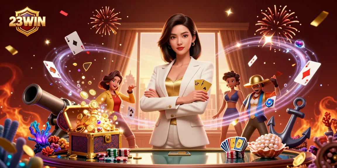 Experience the thrilling action at 23WIN with a glamorous Asian dealer showcasing poker skills amidst vibrant casino elements.