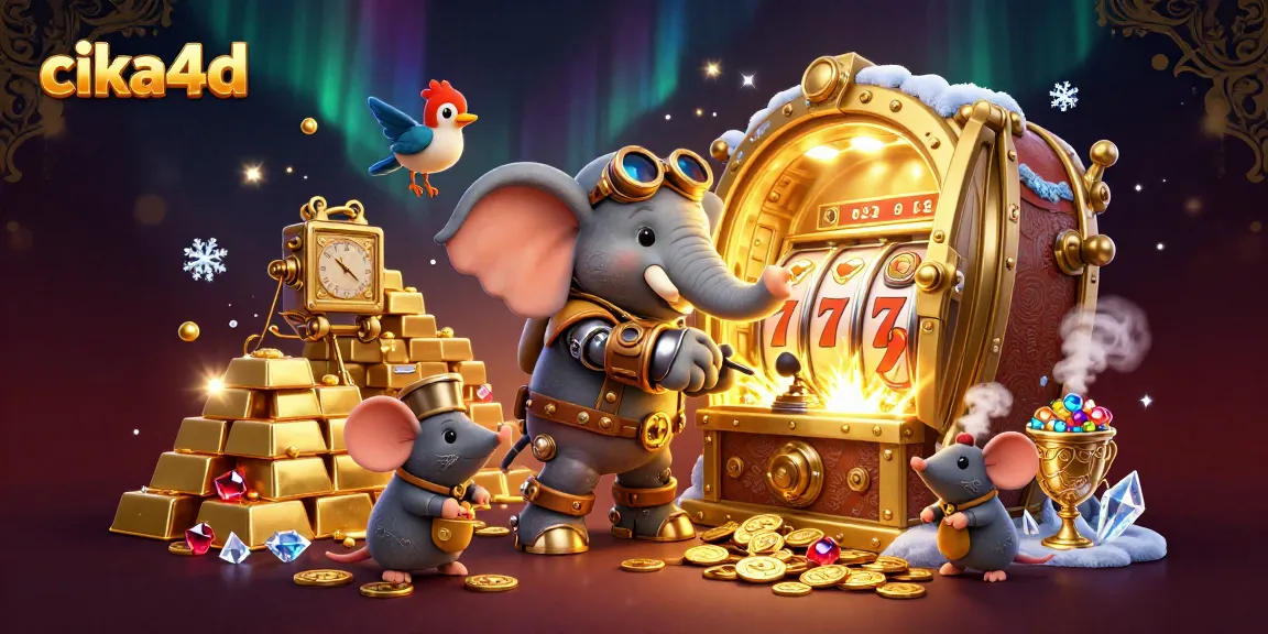 Experience exciting gameplay with cika4d as the steampunk elephant engineer operates a golden slot machine.
