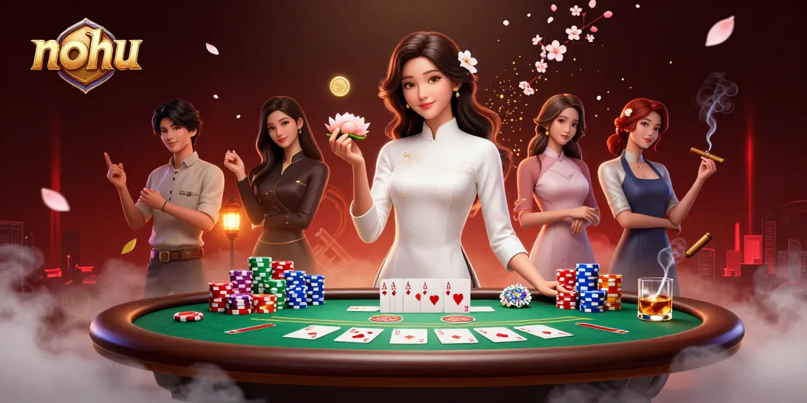 Nohus serene gambling atmosphere with an elegant woman holding a lotus flower and a golden coin amidst poker elements.