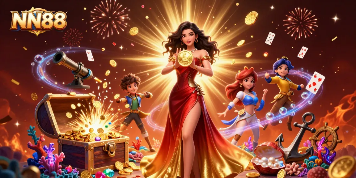 Engage with thrilling gaming experiences at NN88, featuring a dazzling Asian woman with golden coins in a rich casino backdrop.