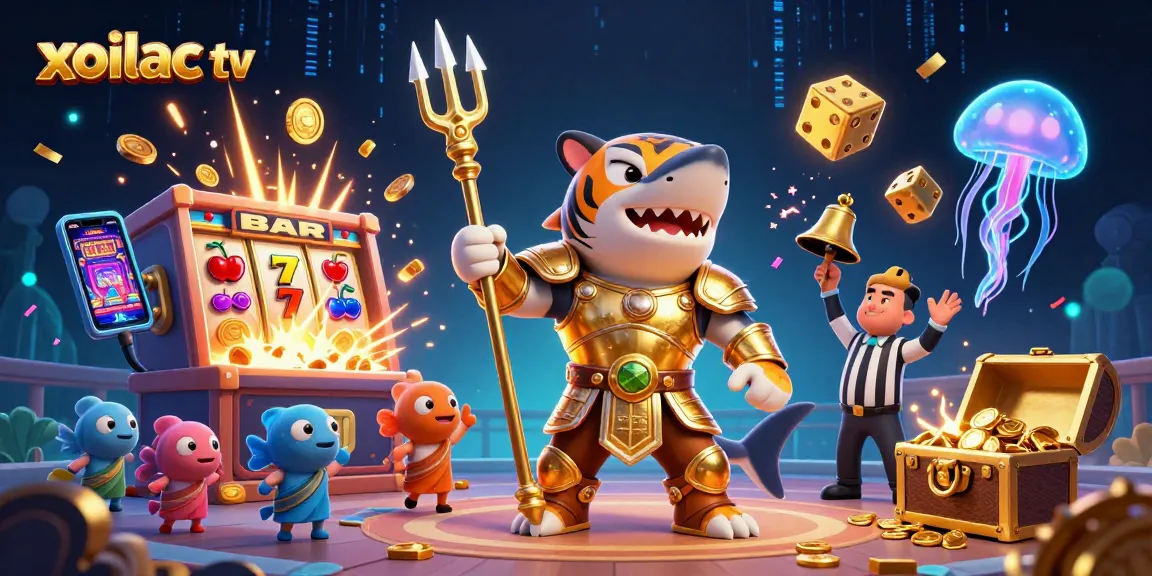 Experience thrilling action with xoilac tv as a golden gladiator shark takes center stage in this vibrant collage.