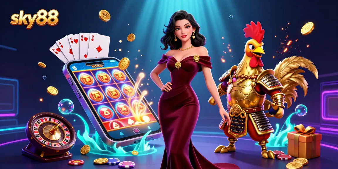 Experience the thrill of sky88 with a glamorous casino scene featuring a betting warrior and dynamic gameplay elements.