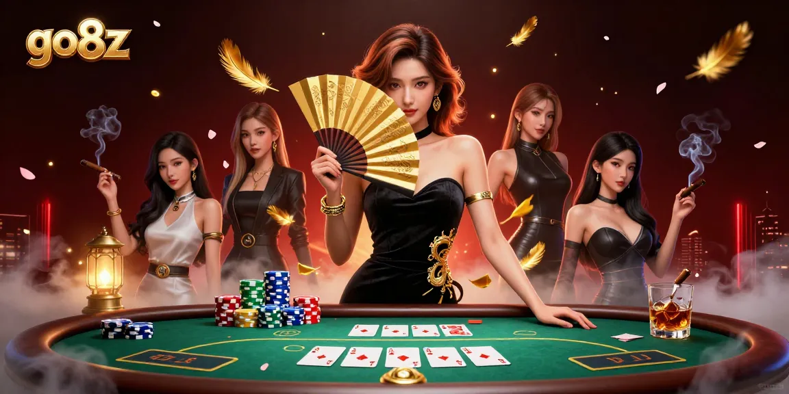 Engage with go8z at a vibrant poker scene featuring intricate cards and chips amidst a stunning atmosphere.