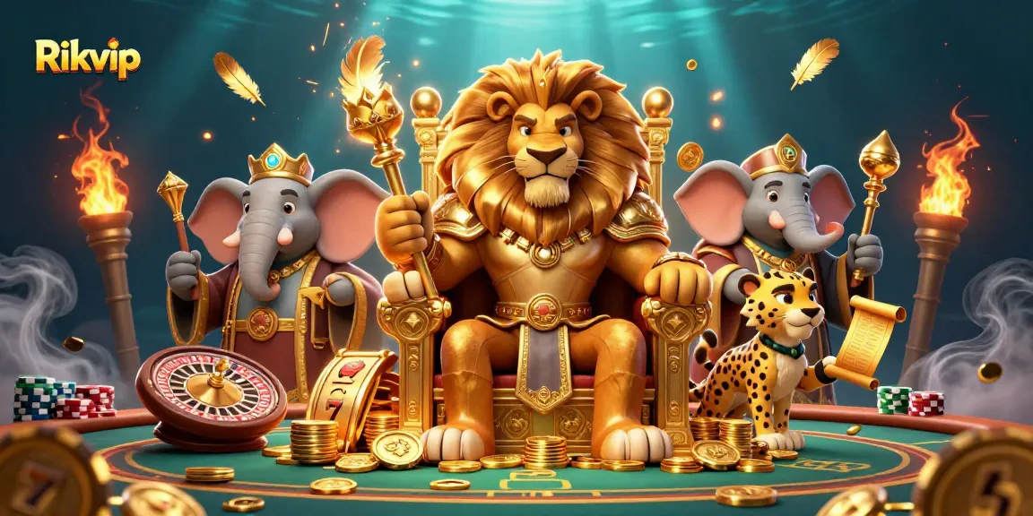 Rikvip showcases fierce gaming excitement with a lion king, an elephant advisor, and a cheetah messenger.