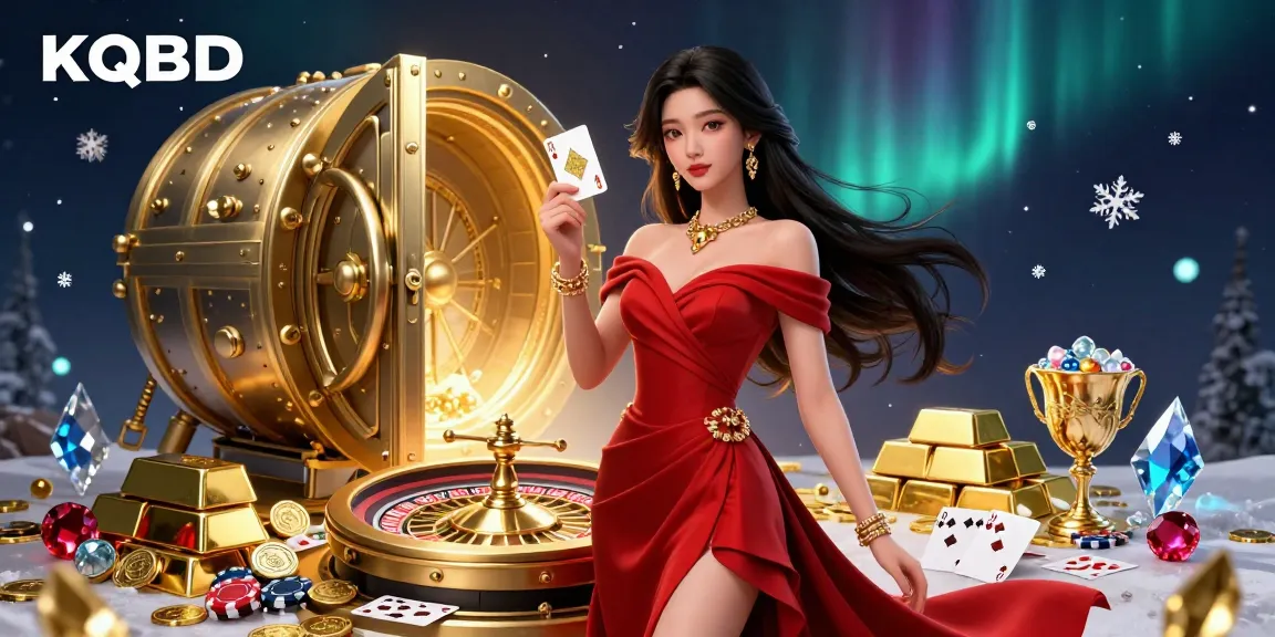 KQBD showcases a stunning Asian woman beside a golden roulette wheel, immersed in a luxurious casino atmosphere.