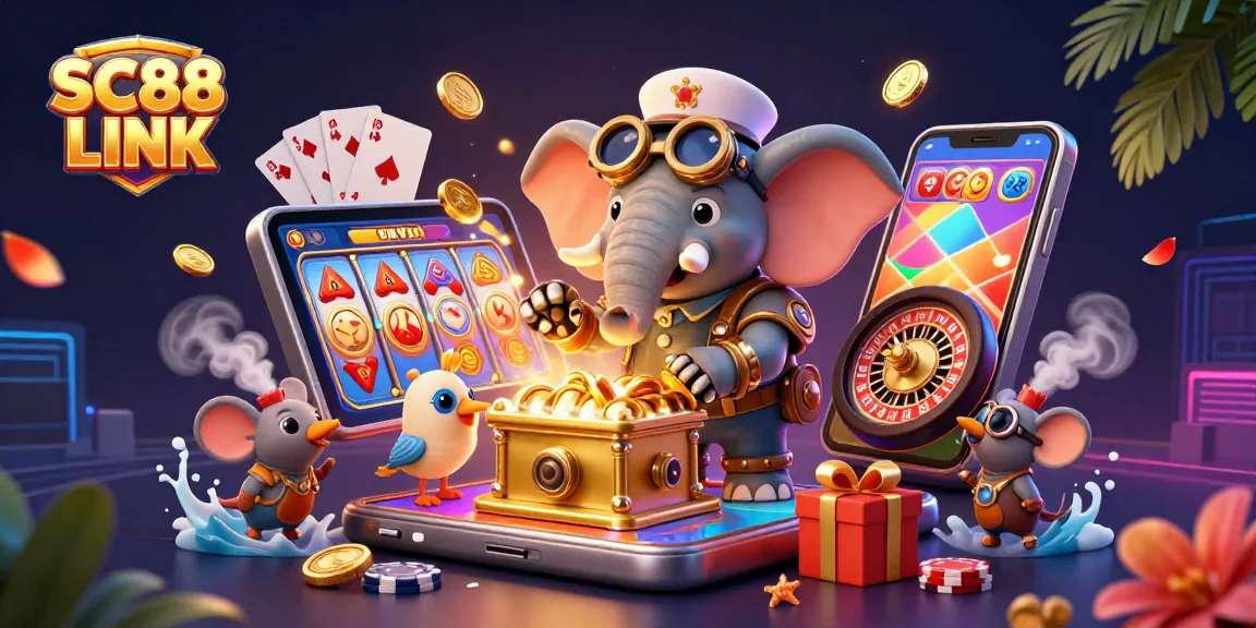 Win big with SC88 LINK, featuring a steampunk elephant and golden slot machine in a vibrant casino setting.