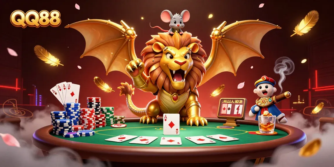Experience thrilling poker action with QQ88, featuring a roaring chimera and stacked poker chips.