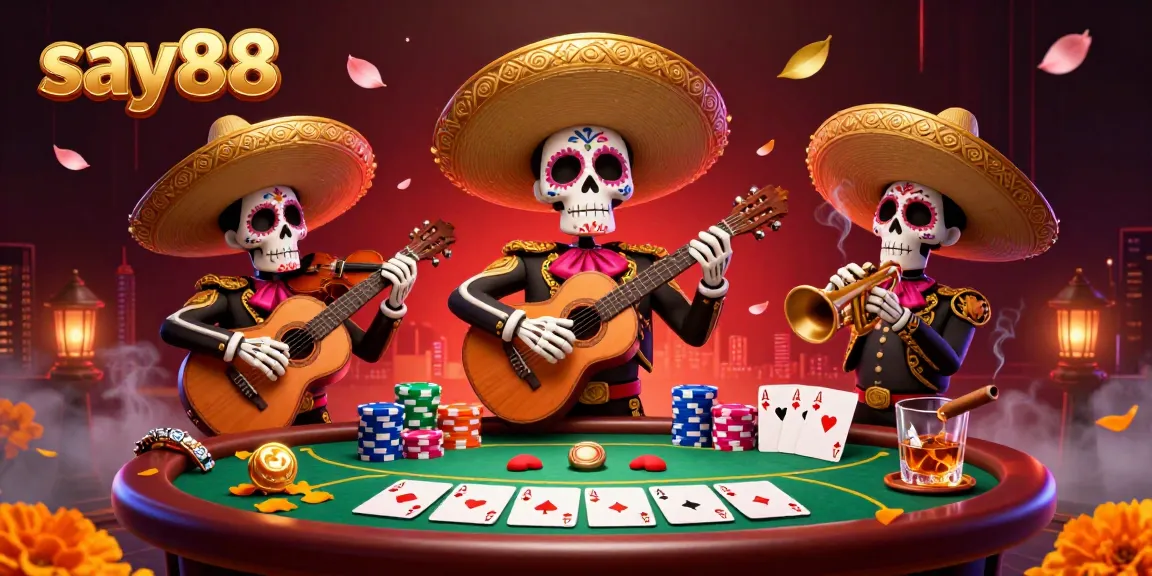 Experience captivating gaming action at say88 with vibrant Day of the Dead mariachi characters amidst poker rich elements.