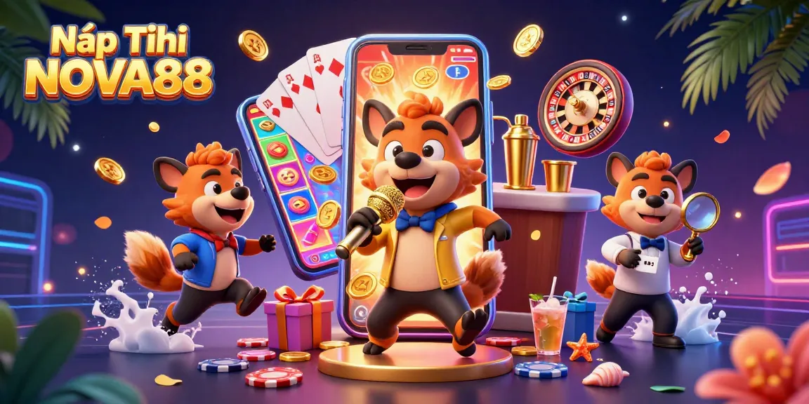 Nạp Tiền NOVA88 with vibrant casino characters mixing drinks and checking IDs in a lively illustration.