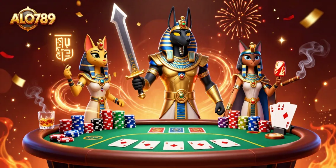 Engage with ALO789 on this vibrant scene featuring Anubis and Bastet, celebrating casino action.