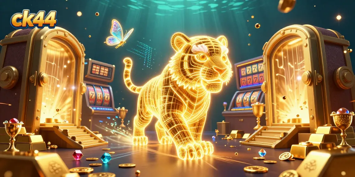 Experience thrilling gaming with ck44 at a vibrant digital casino featuring an energetic golden tiger and shining treasures.