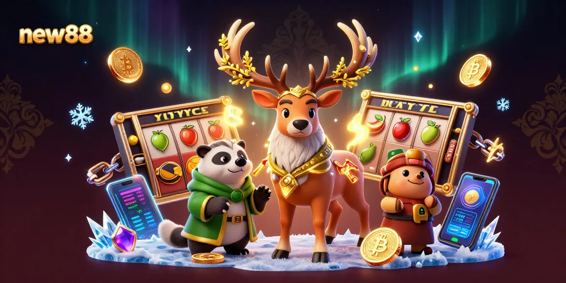 Spin slot reels and jackpot symbols with new88 in an enchanting casino scene.