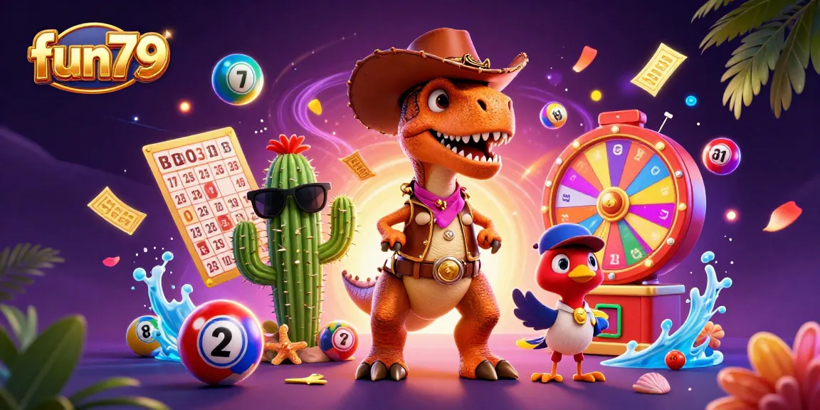 fun79 engages players in a vibrant 3D casino scene with T-Rex, colorful lottery balls, and dynamic action.