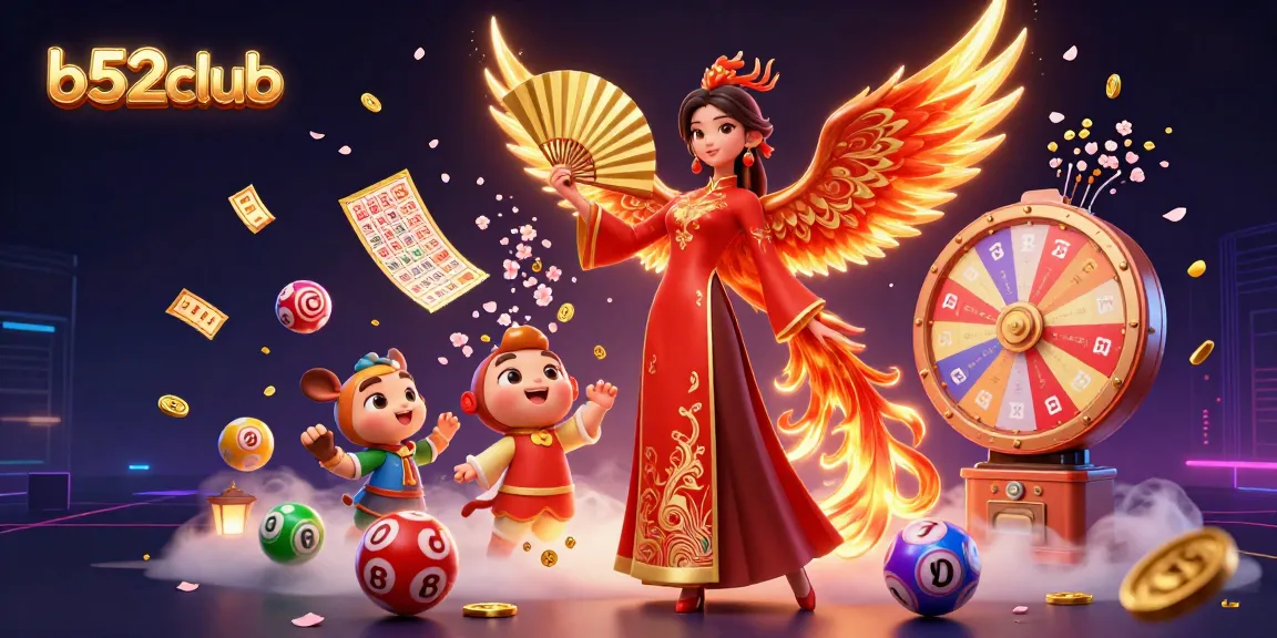 B52Club enchants players with a vibrant scene of casino excitement featuring a graceful woman and a fiery phoenix.