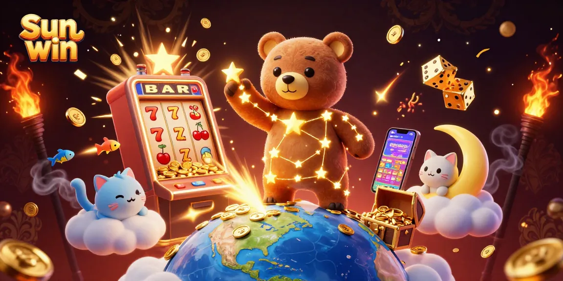 Experience the excitement of Sun win with a dazzling 3D illustration featuring slots, gold, and engaging characters.
