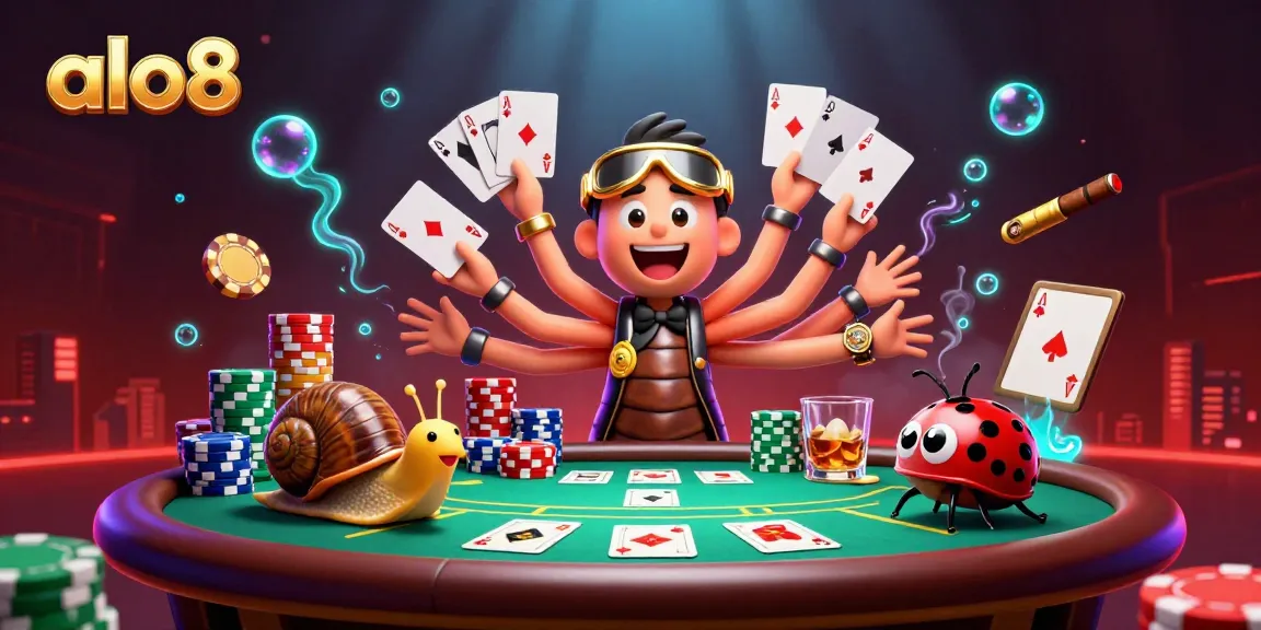 Engage in excitement with Alo8 as a millipede dealer and high-roller snail at a colorful poker table.