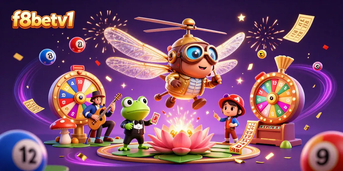 f8betv1 features a vibrant casino scene with a dragonfly pilot and frog dealer amidst lottery elements.