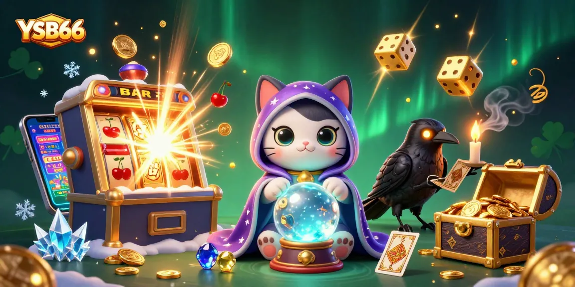 Spin the luck at YSB66 with a vivid scene showcasing slots, mystical characters, and a burst of casino excitement.