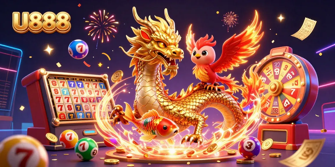 Experience U888 excitement with a dragon, phoenix, and koi fish in vibrant gambling illustration.