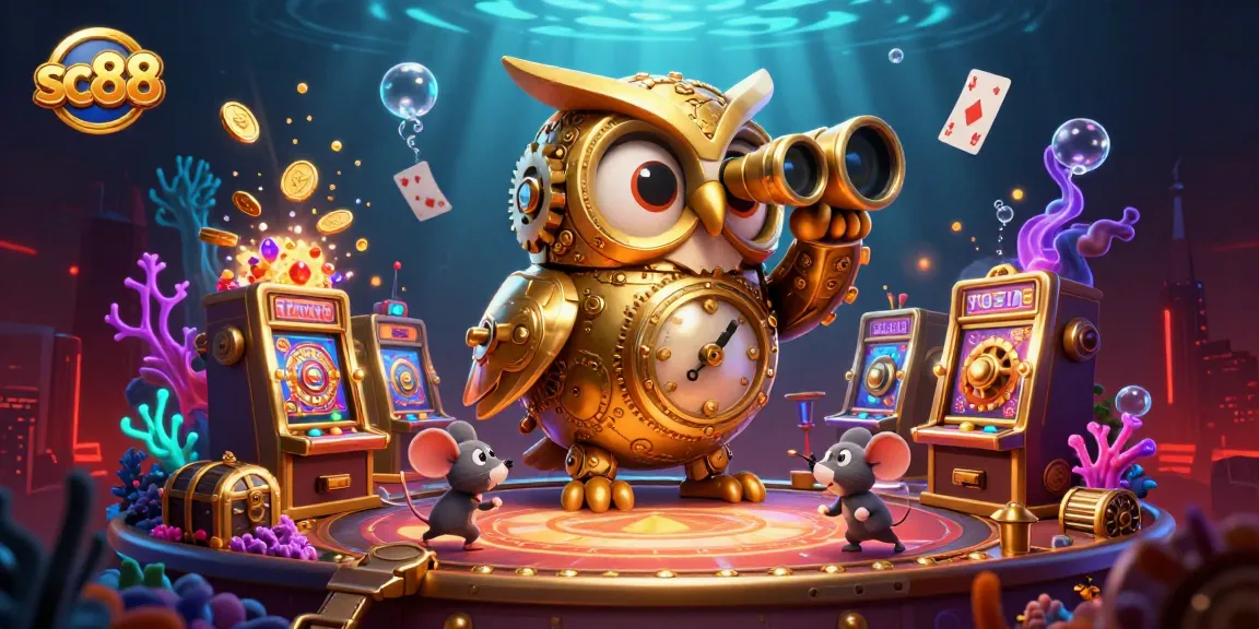 Experience thrilling moments at SC88 as the golden owl oversees a lively casino with games and activities.