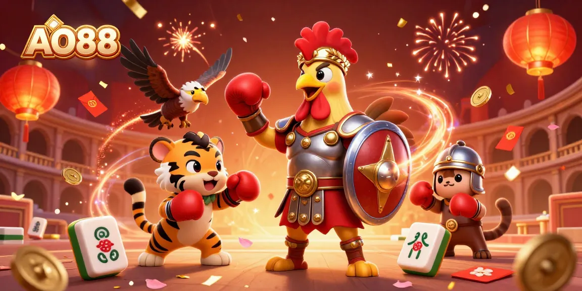 Experience the thrill of AO88 with a vibrant scene featuring a gladiator rooster and a tiger cub amidst dynamic gambling elements.