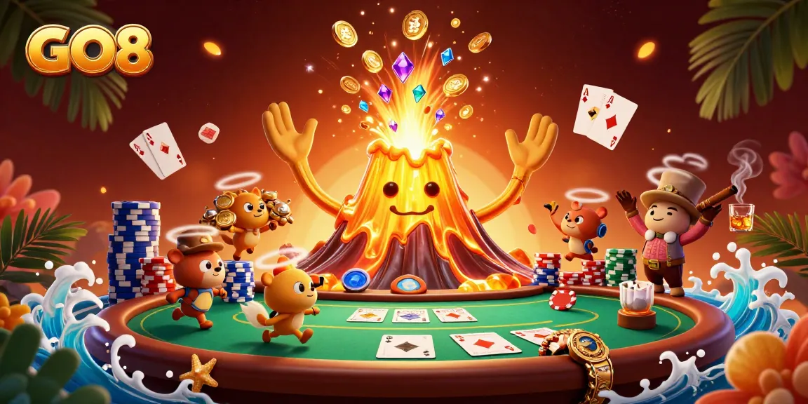 Engage in the thrilling world of GO8 casino with a golden volcano erupting coins and treasures.