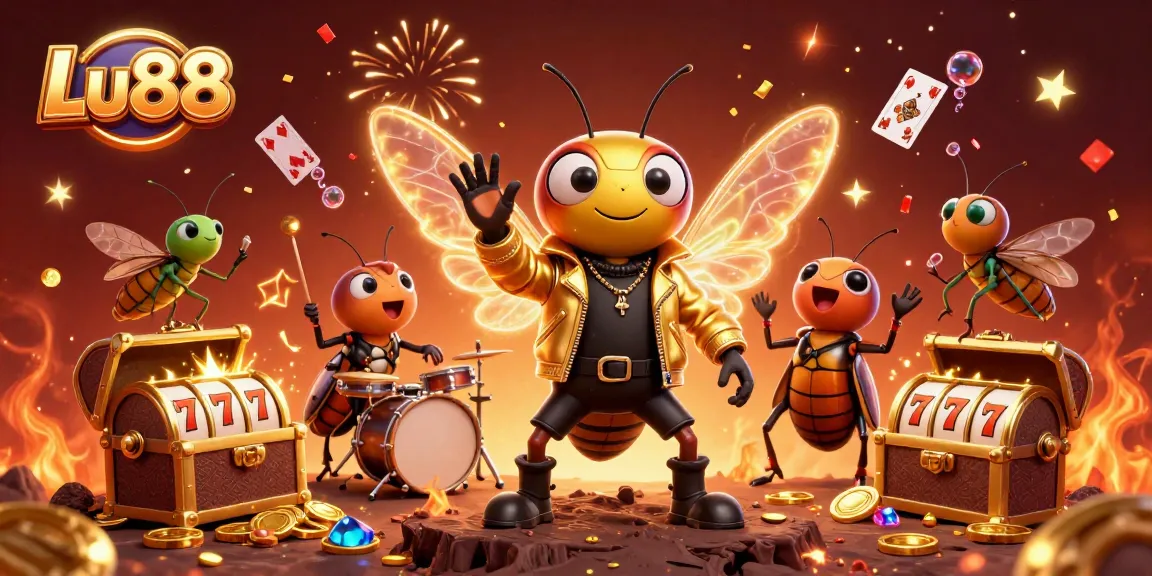 Experience Lu88 with animated characters and casino elements surrounding a vibrant celebration scene.