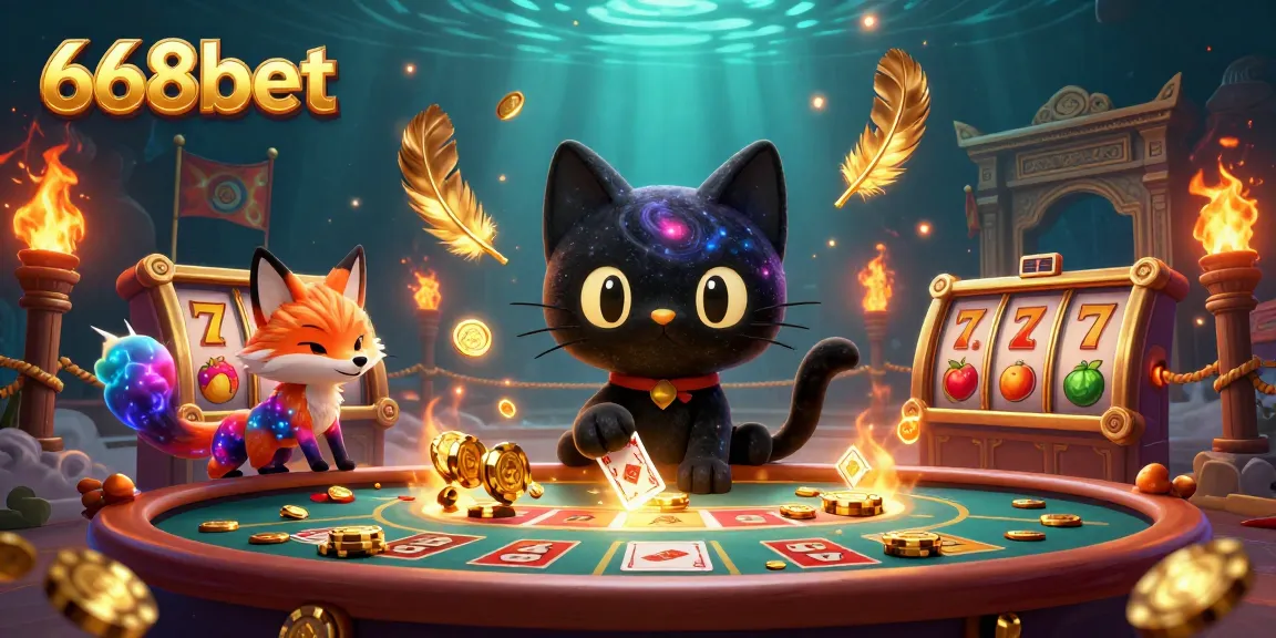 Engage with 668bet's vibrant cosmic casino experience featuring golden chips, slot reels, and dynamic characters.