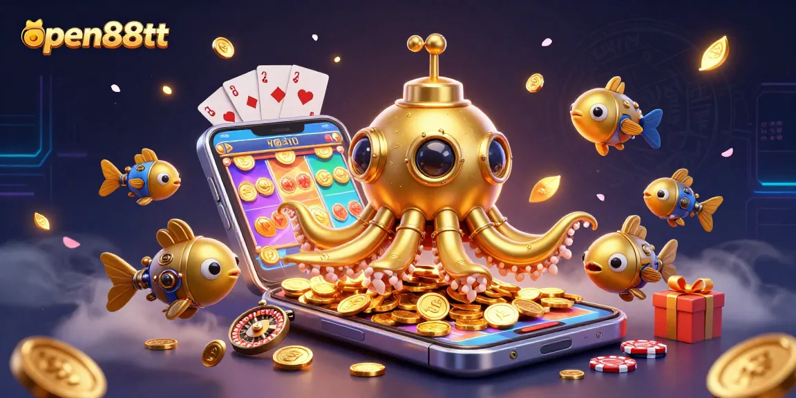 Experience thrilling gameplay with open88tt, featuring a kraken submarine amidst coins and slot games.